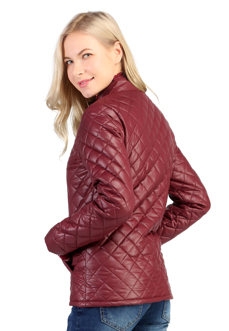 Burgundy Puffer Jacket with Zip Closure - Burgundy