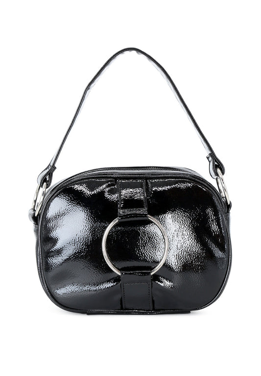 Cross Body Shiny Black Sling Bag - Black