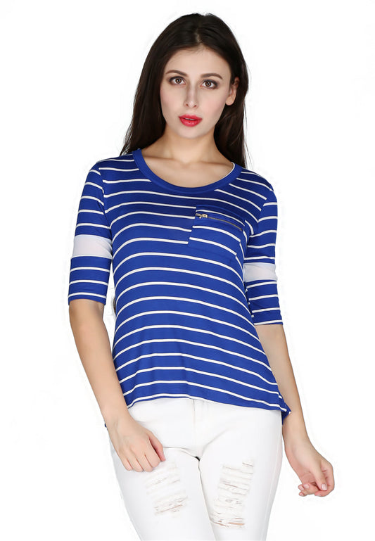 Blue Stripped Round Neck Top - Blue