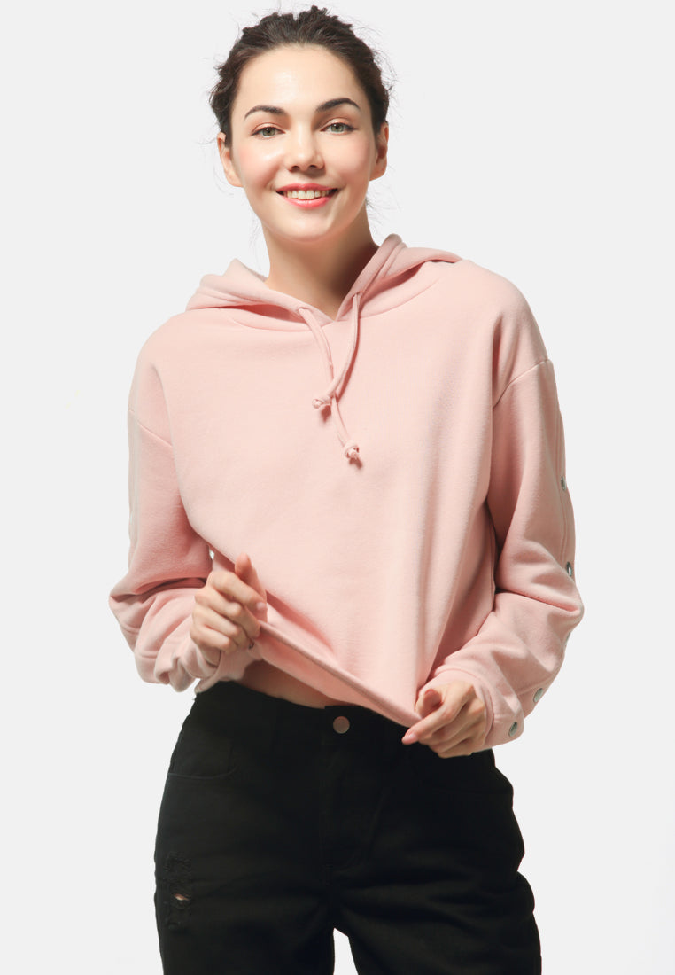 Button Detailed Sleeve Hoodie - Pink