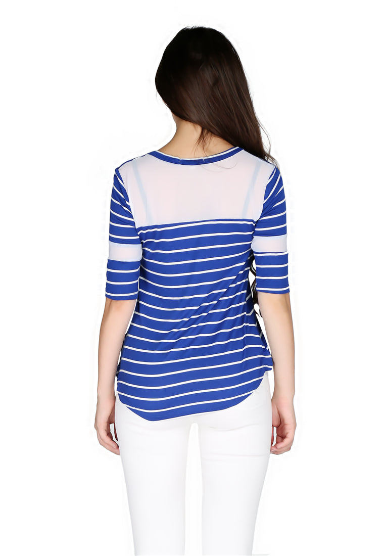 Blue Stripped Round Neck Top - Blue