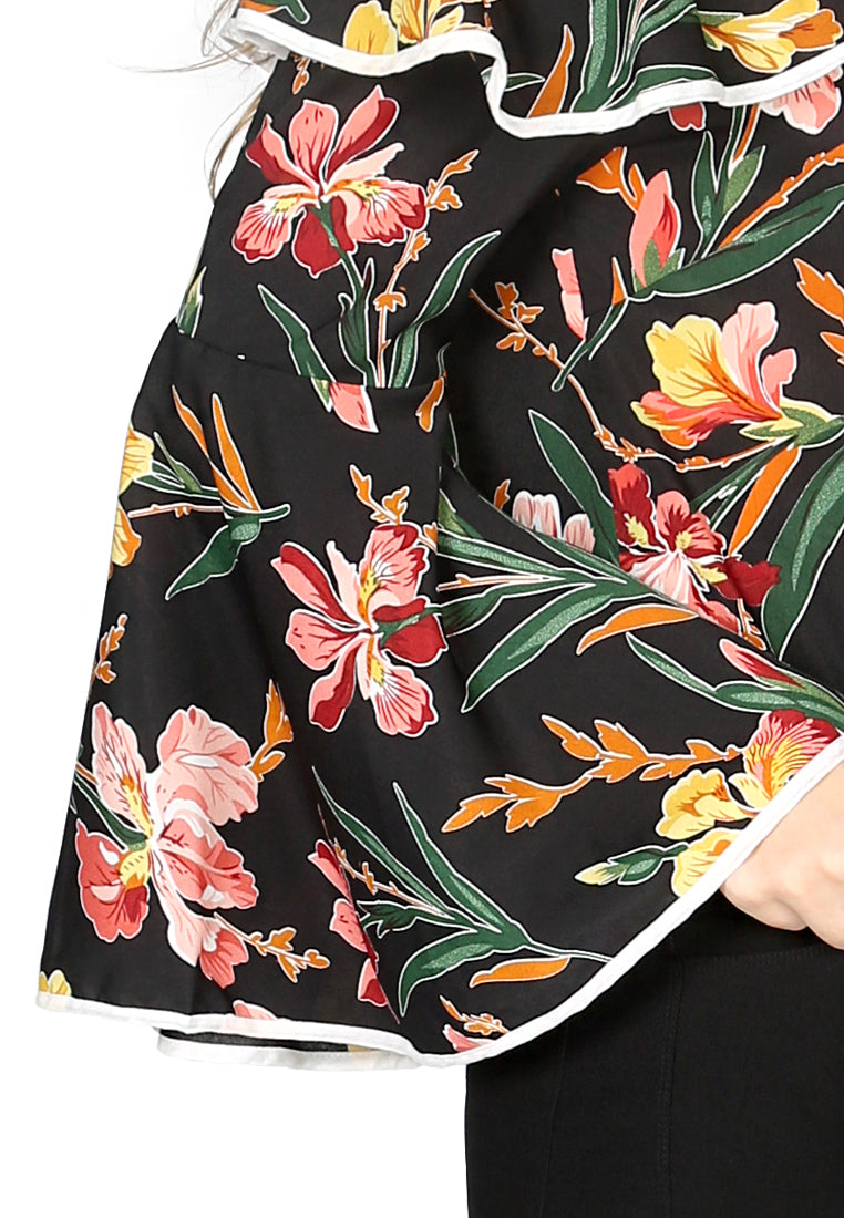 Black Floral Print Off Shoulder Top