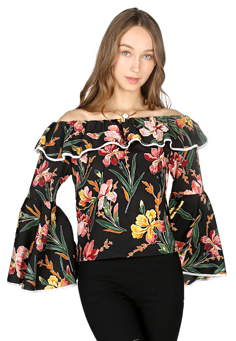 Black Floral Print Off Shoulder Top