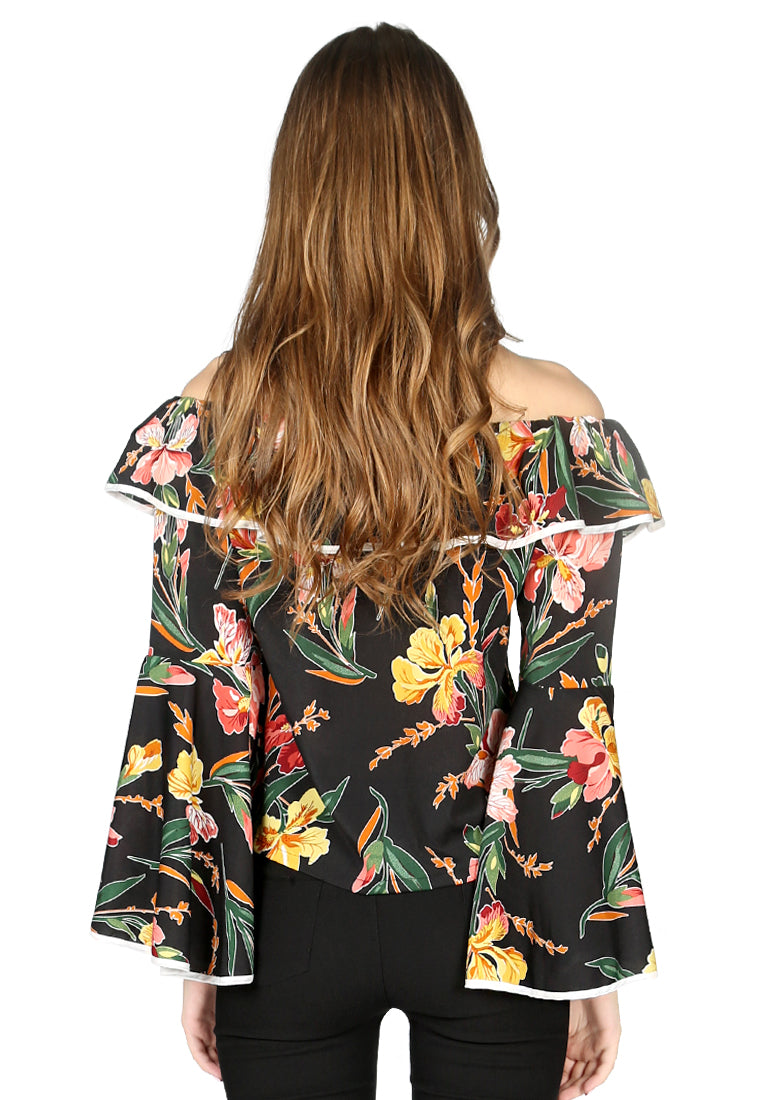 Black Floral Print Off Shoulder Top