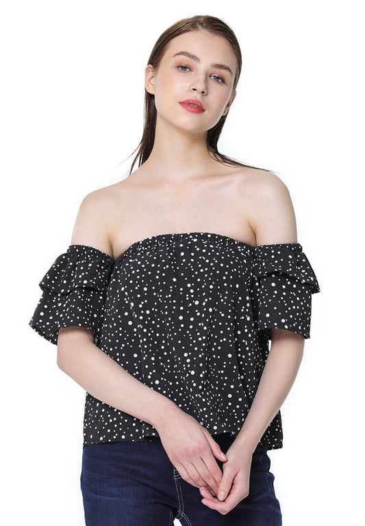 Black Polka Dot Off Shoulder Top - Black