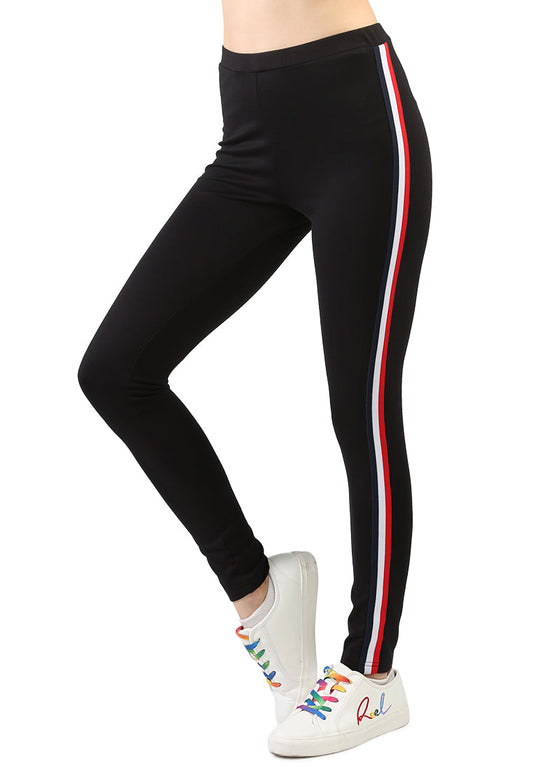 Black Striped Tape Side Leggings - Black