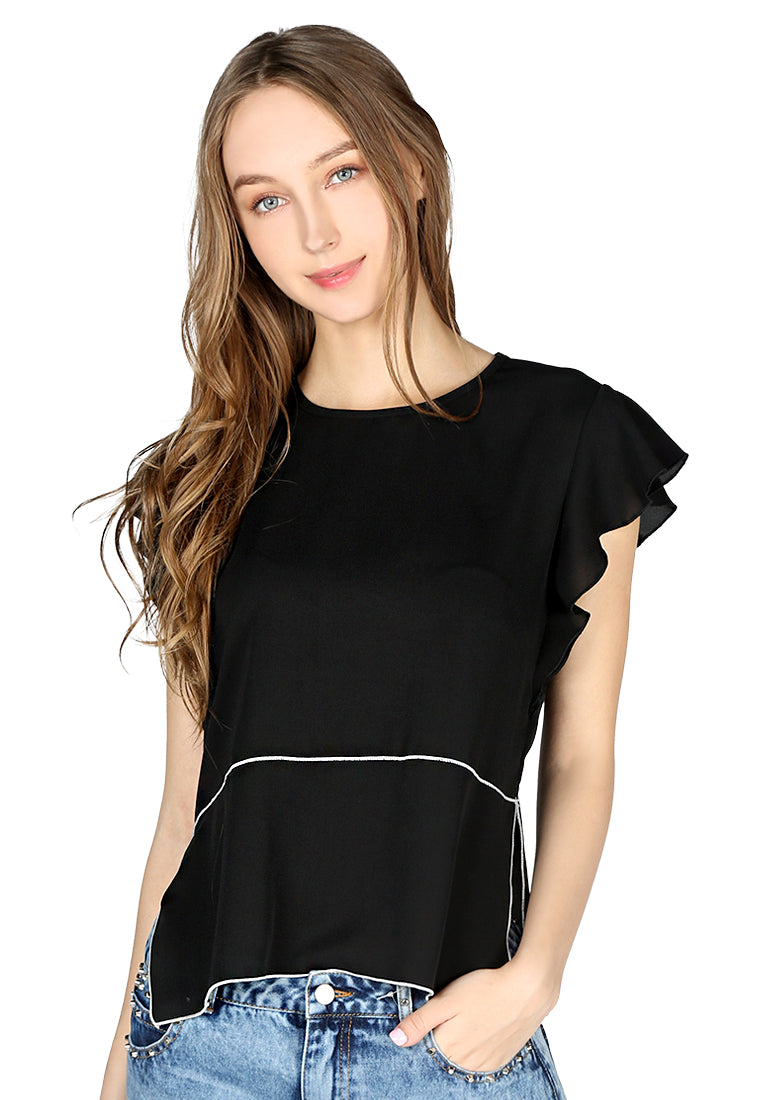 Black Short Flutter Sleeve Casual Top - Black
