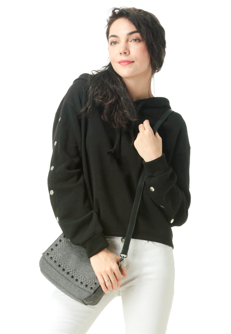 Black Button Detailed Sleeve Hoodie - Black