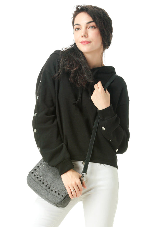Black Button Detailed Sleeve Hoodie - Black
