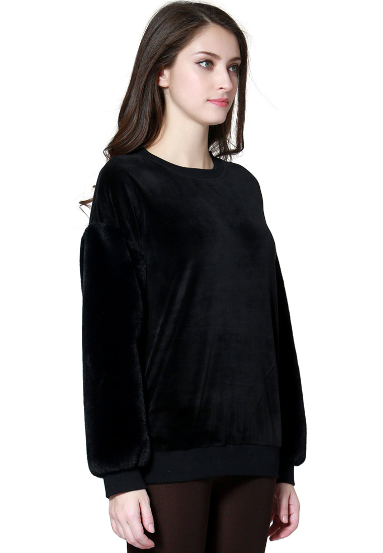 Black Long Sleeve Fur Sweatshirt - Black