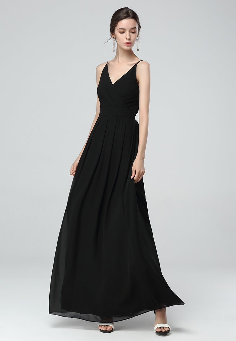 Black Spaghetti Chiffon Gown Dress - Black