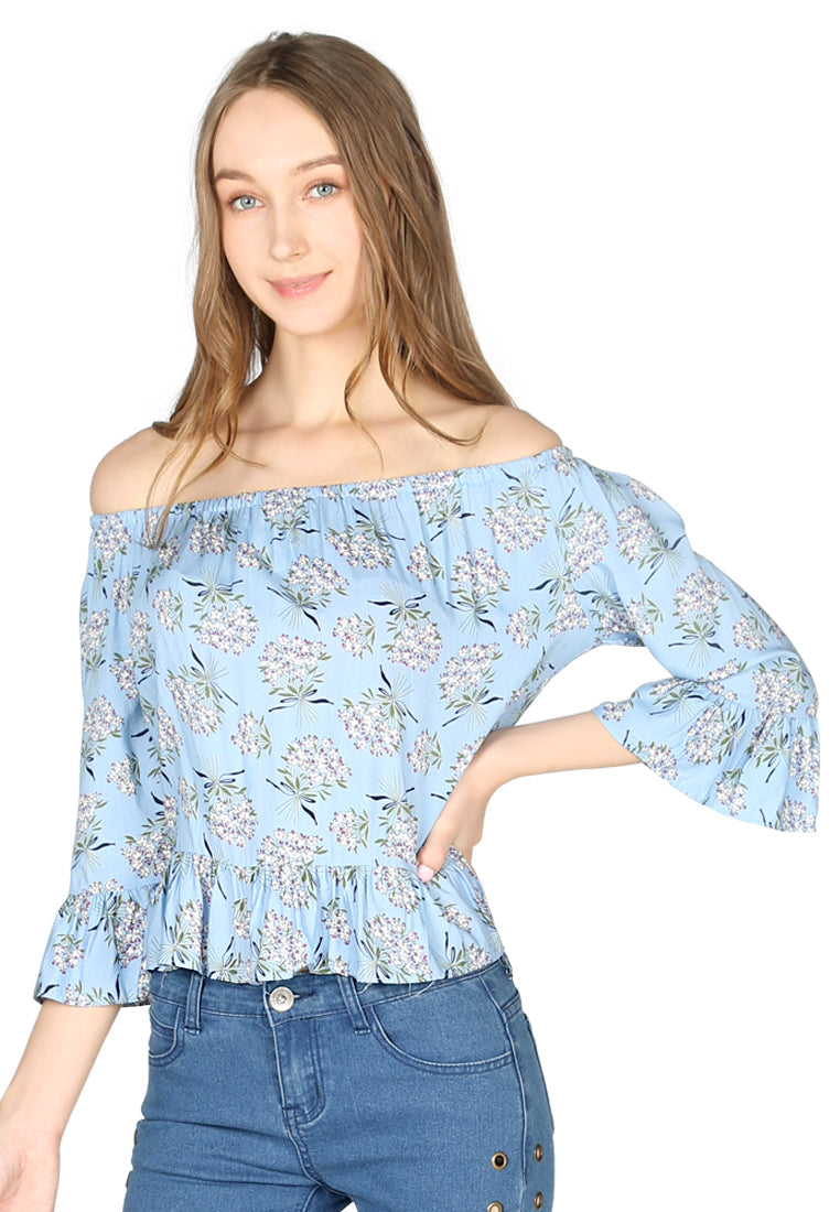 Blue Floral Print Off Shoulder Top - Blue