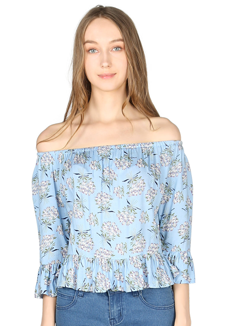 Blue Floral Print Off Shoulder Top
