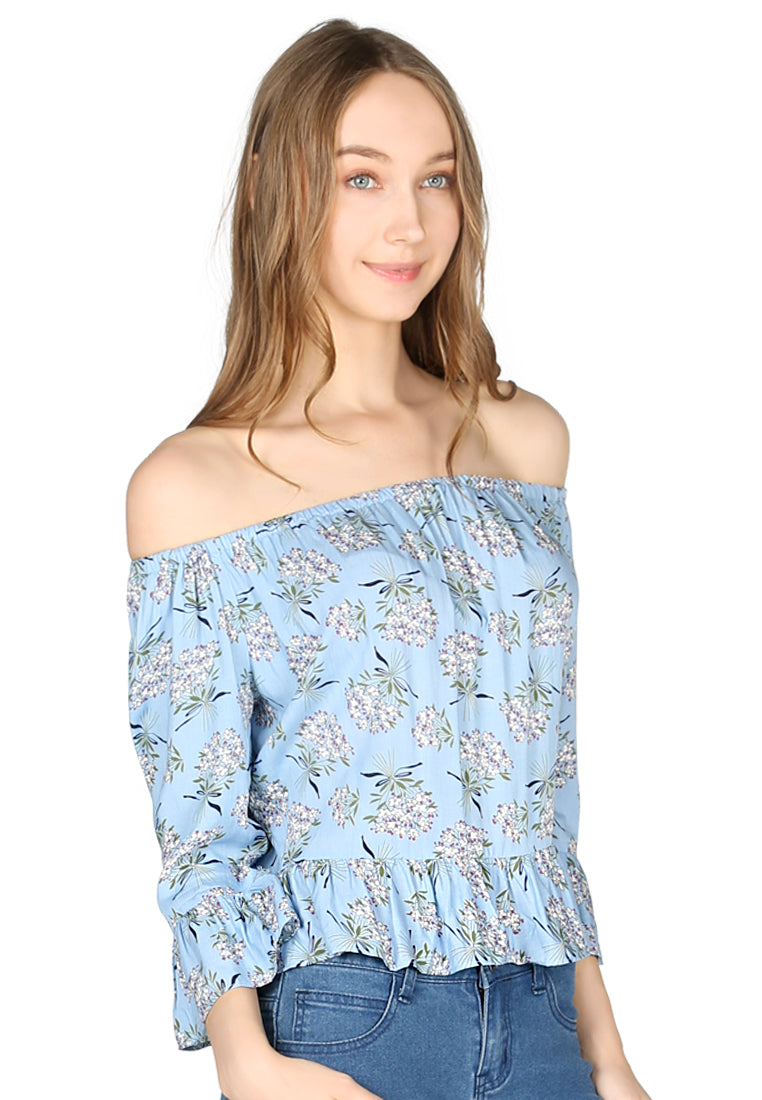 Blue Floral Print Off Shoulder Top - Blue