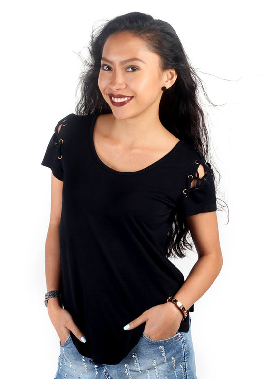 Black Round Neck Half Sleeve Soild Top - Black
