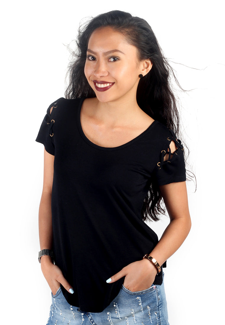 Black Round Neck Half Sleeve Soild Top