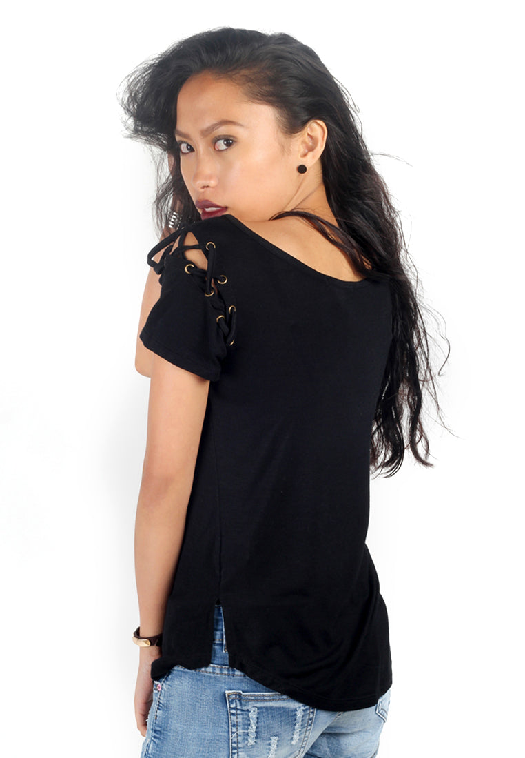 Black Round Neck Half Sleeve Soild Top