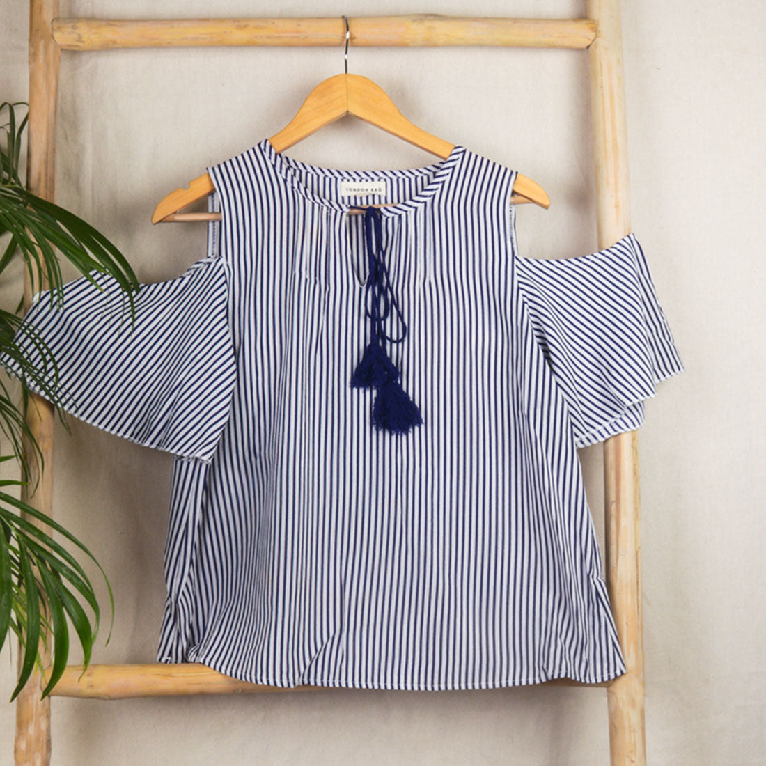 Navy And Ivory Stripe Cold Shoulder Top - Navy