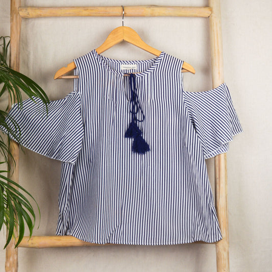 Navy And Ivory Stripe Cold Shoulder Top - Navy