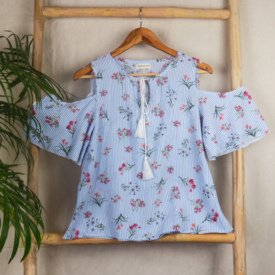 Pinstripe Floral Cold Shoulder Top - Blue