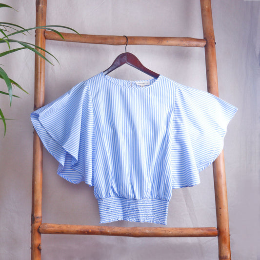 Blue Stripe High Neck Batwing Top - Blue