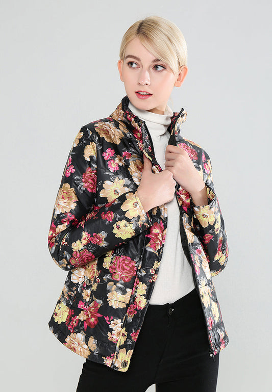 Black Floral Print High Neck Puffer Jacket - Black