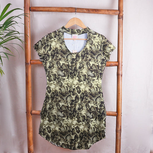 Python Print Choker Neckline Dress - Olive Green