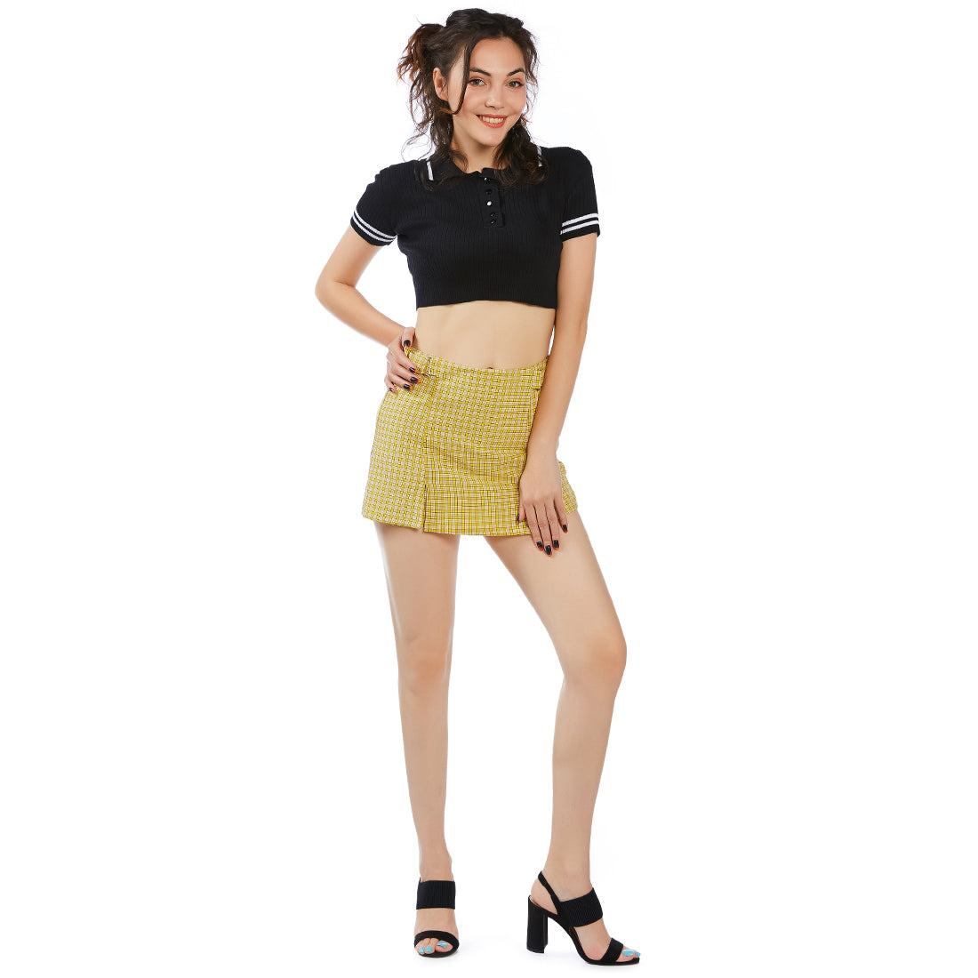 Chequered Skort With Buckles - Yellow
