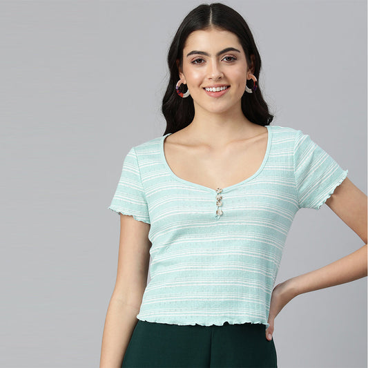 Aqua Blue Summer Print Casual Top