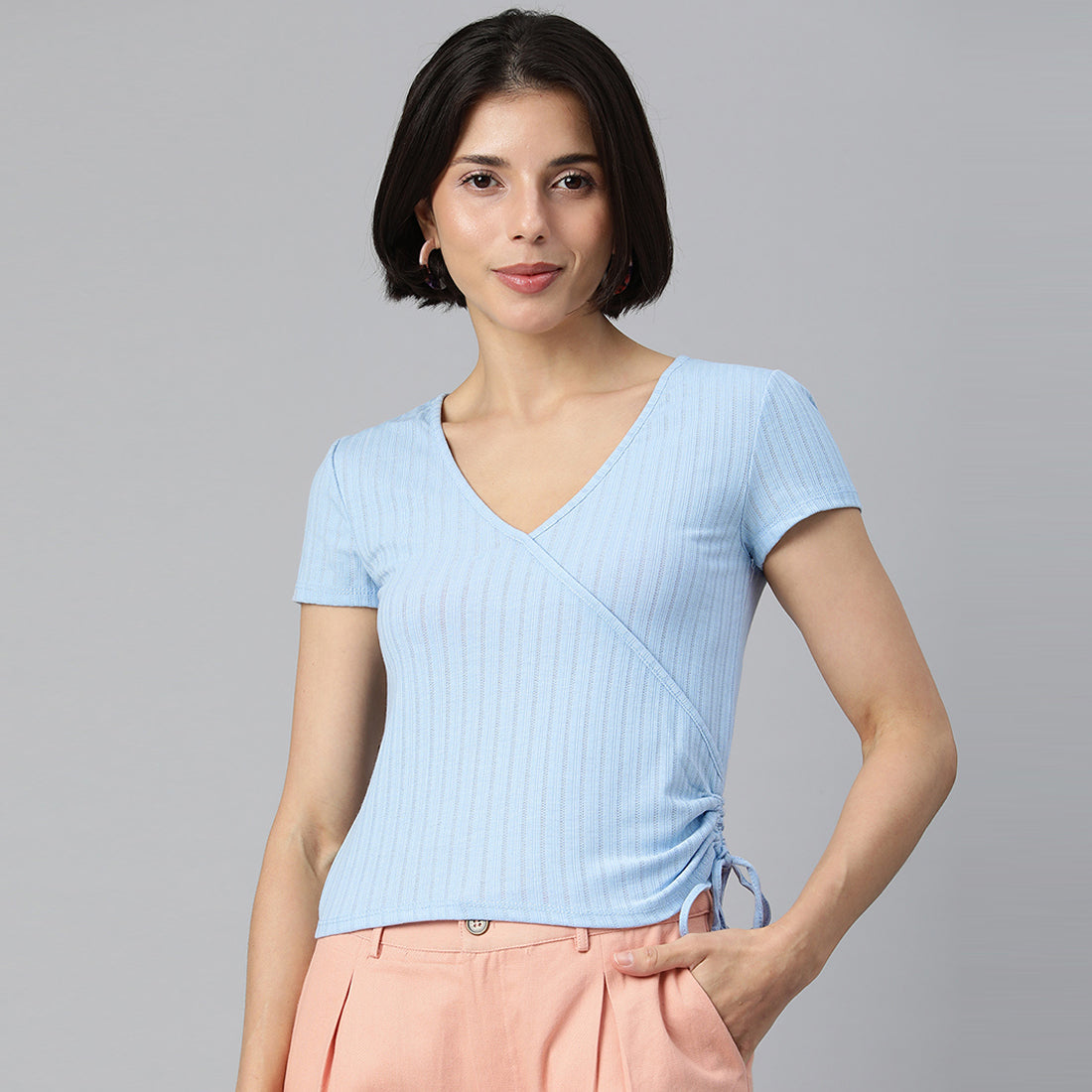 Solid Rib Knit Wrap Top in Aqua Blue