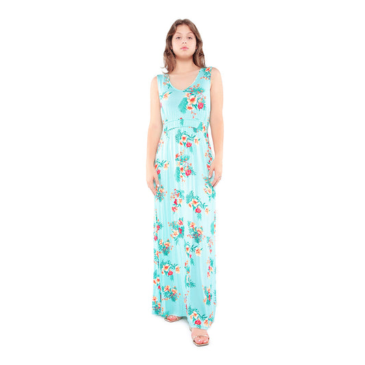 Floral Summer Maxi Dress in Aqua Blue