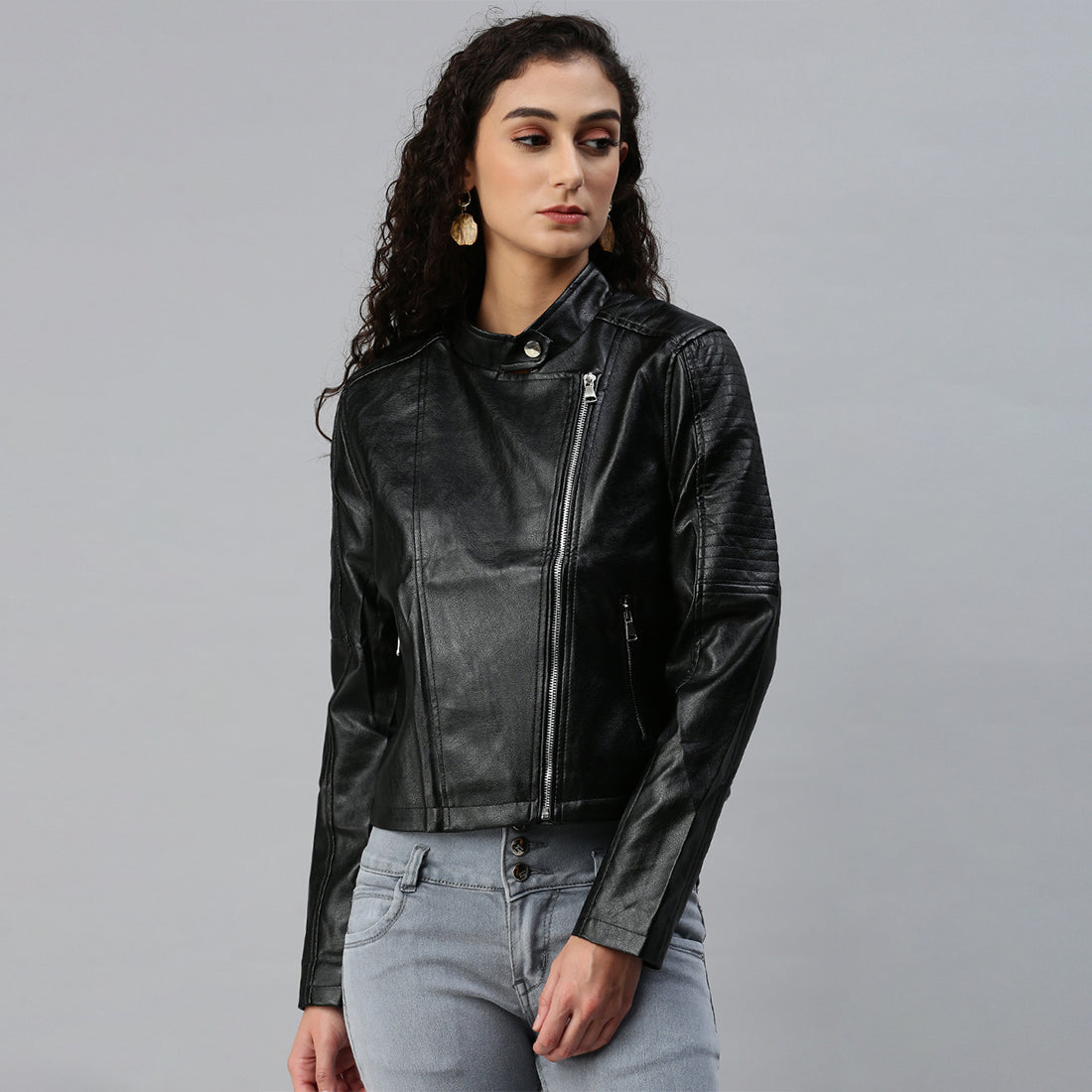 pu biker jacket#color_black