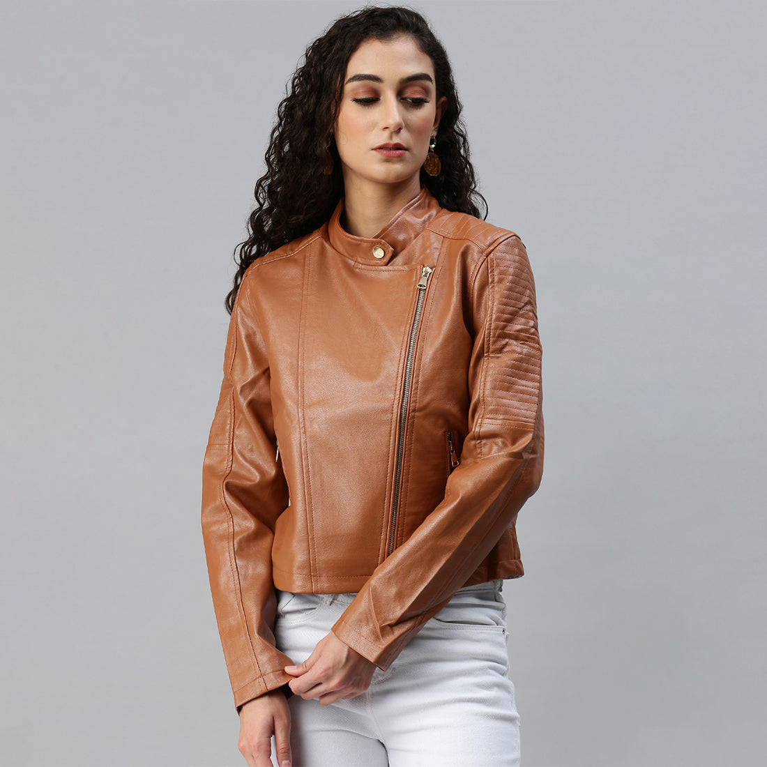 pu biker jacket#color_brown