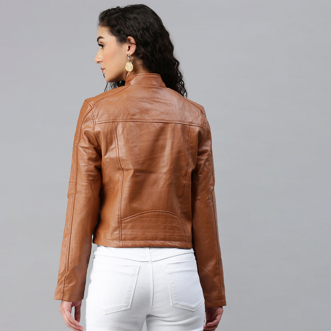 pu biker jacket#color_brown