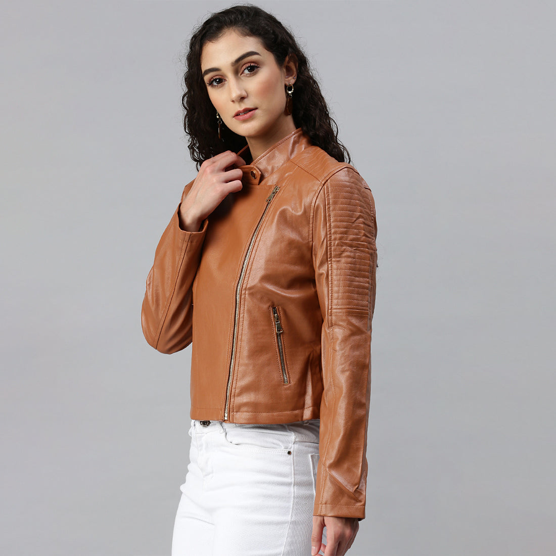 pu biker jacket#color_brown