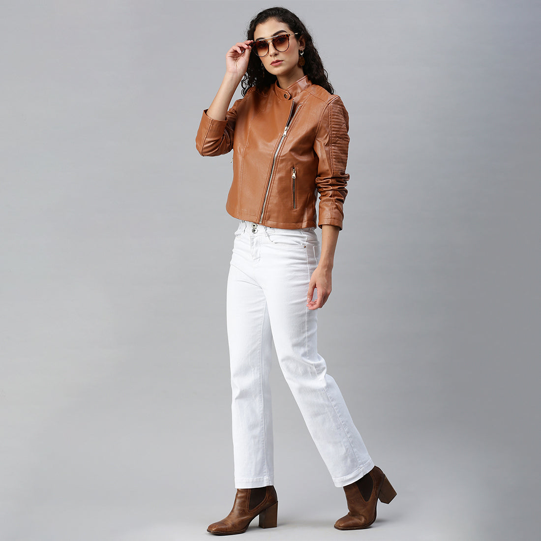 pu biker jacket#color_brown