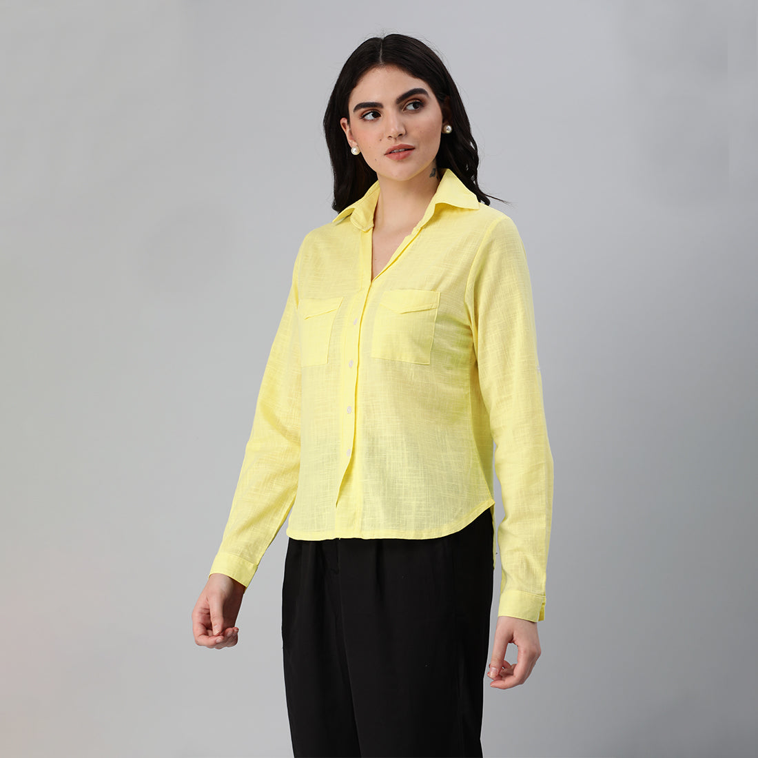 Woven Pocket Detail Shirt In Yellow