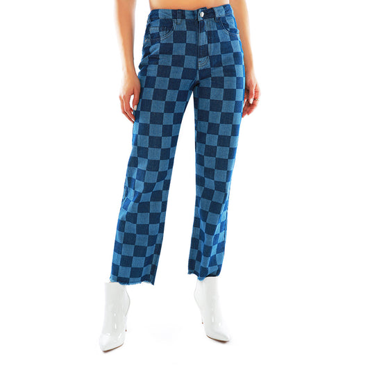 Blue Wide Leg Checkered Jeans Pants