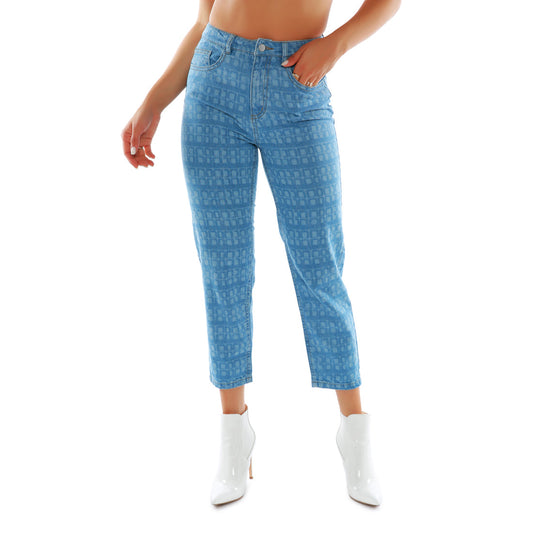 Blue Printed Mom Fit Blue Jeans Pants