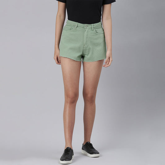 Green Jeans High Waist Raw Hem Shorts