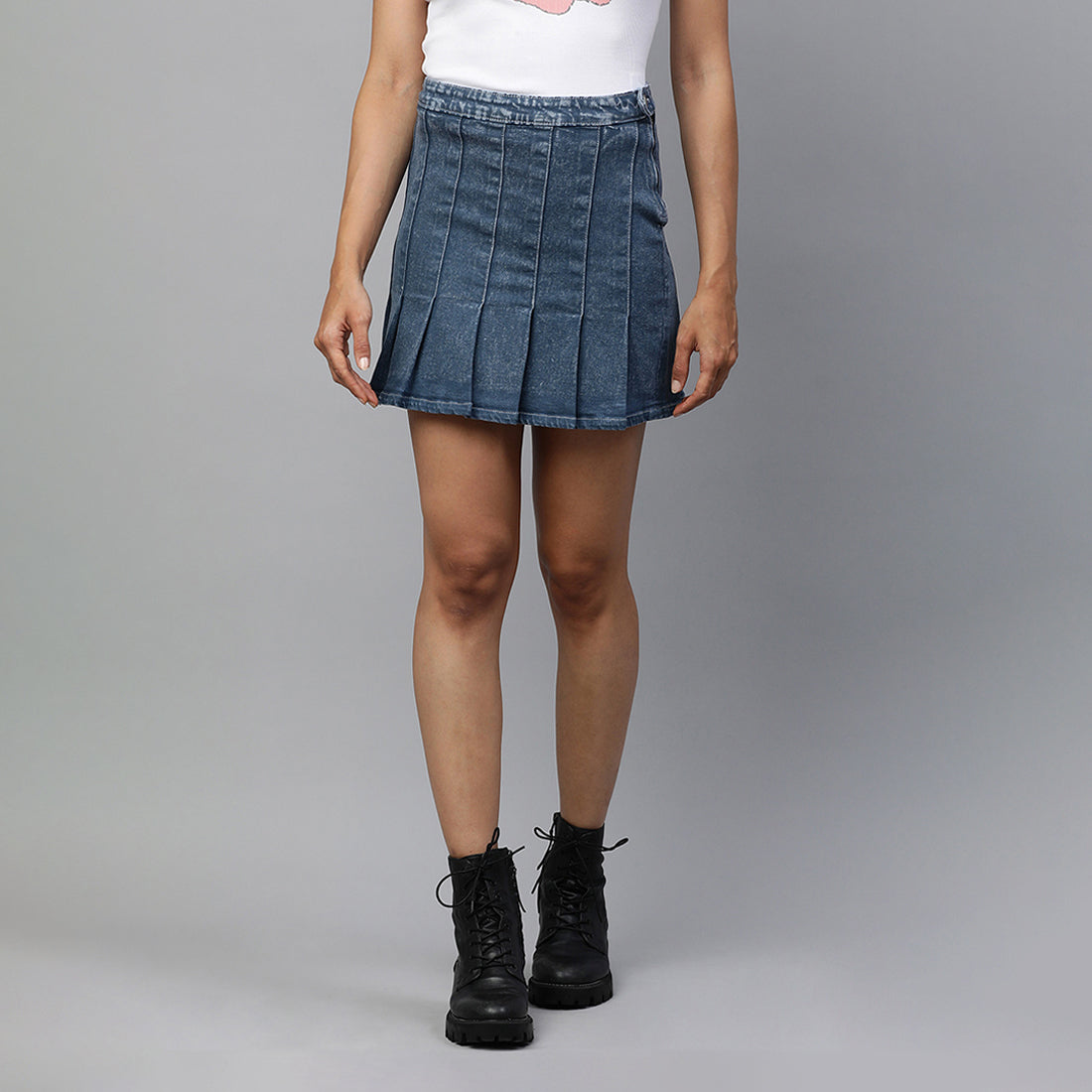 pleated denim mini skirt#color_dark-blue