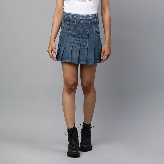 pleated denim mini skirt#color_dark-blue
