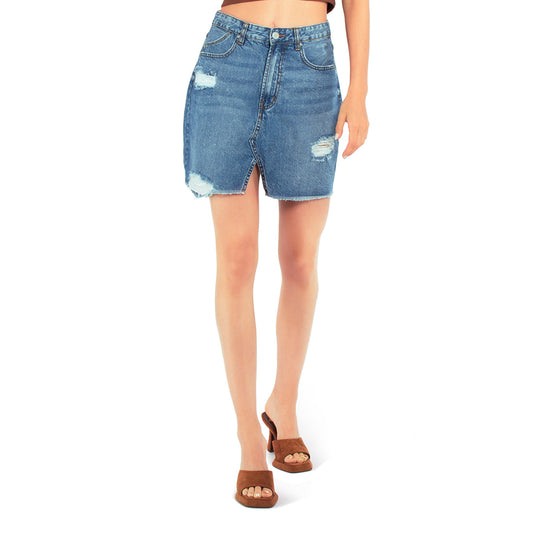 Blue Split Distressed Denim Mini Skirt