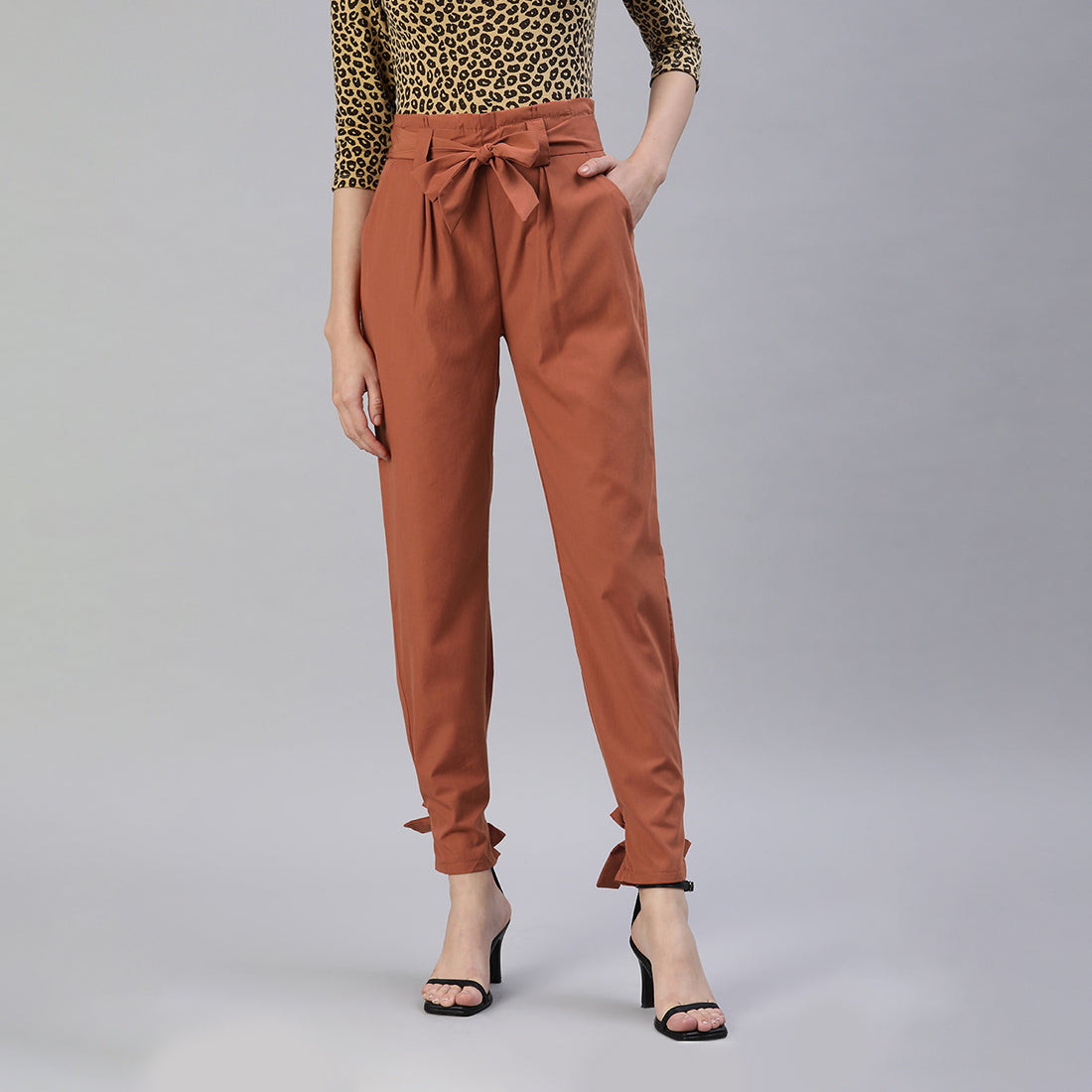 Waist Tie Pleated Trousers In Orange
