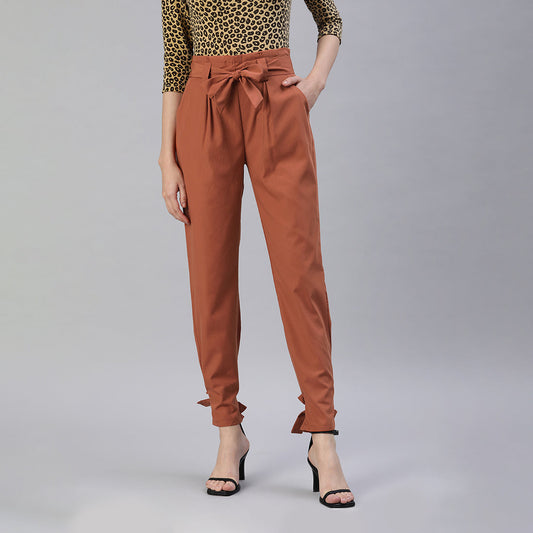 Waist Tie Pleated Trousers In Orange