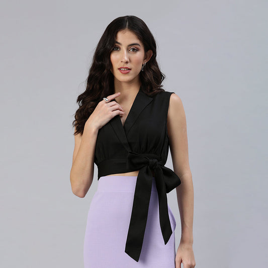 Knot Detail Lapel Blouse In Black