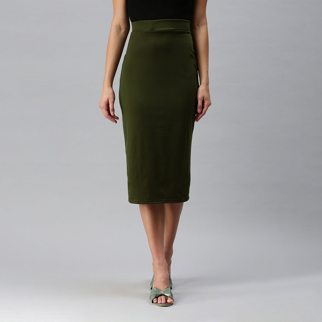 knitted long tube skirt#color_olive