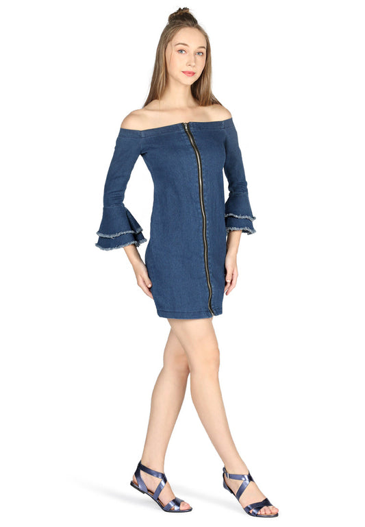 Denim Off Shoulder Short Bodycon Dress - Blue