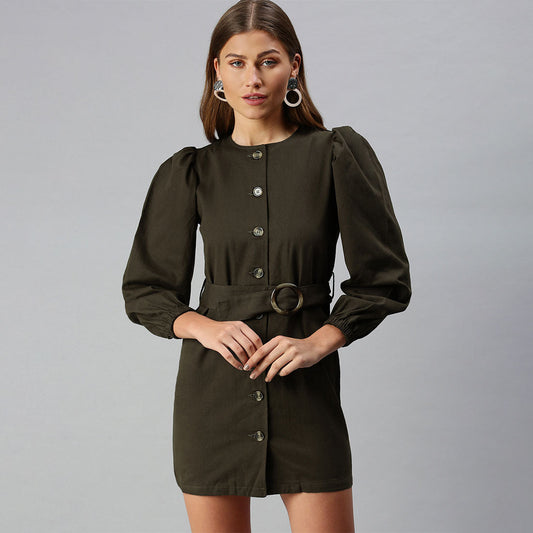 Khaki Puff Sleeve Mini Shirt Dress