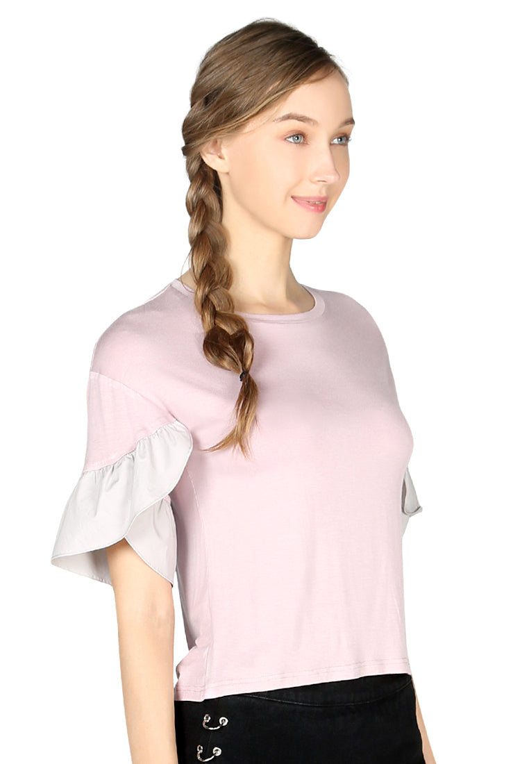 Dusty Pink Petal Sleeve Casual Top - Pink